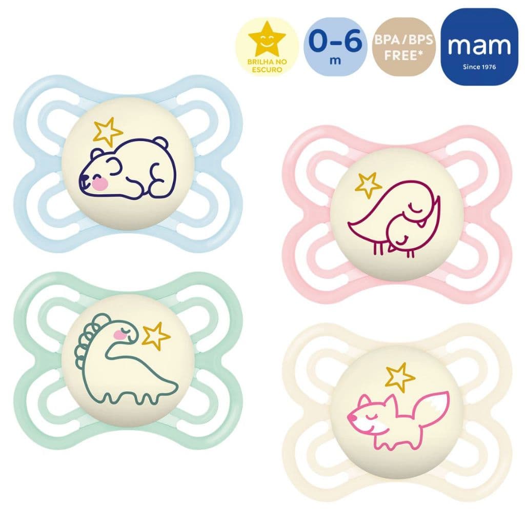 Kit 2 Chupetas Bicos Silicone Simétrico Mam Perfect Night Brilha no Escuro 0-6 Meses