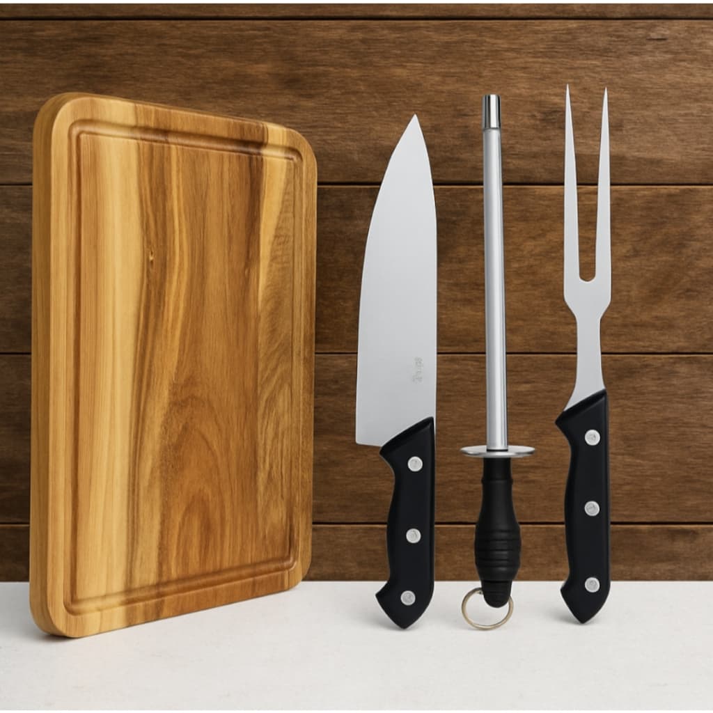 Kit Tábua de Carne Eucalipto com Faca e Garfo Inox – Resistente, Bonito e Ideal para Seu Churrasco Completo