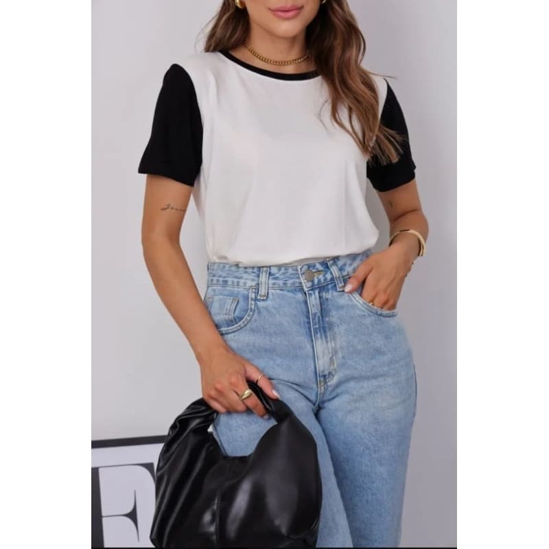 Blusa Feminina Básica Viscolycra Bicolor Manga Curta Lançamento Premium