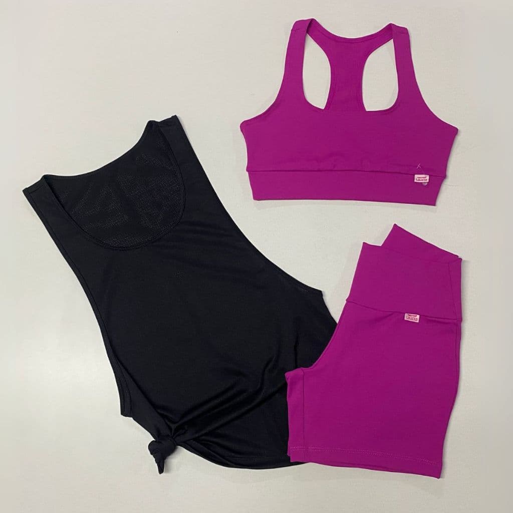Kit 3 Peças Conjunto Fitness Feminino Top Nadador Shorts Regata Cavada Dry Fit Roupa de Academia
