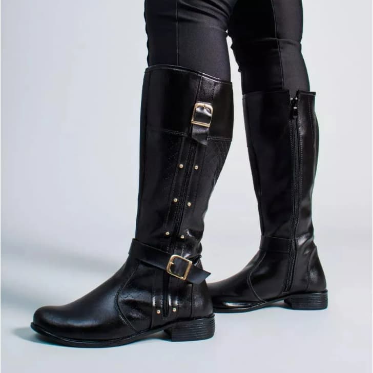 Bota Over Montaria Feminina Couro Cano Alto Casual Ziper Lateral Strass Luxo