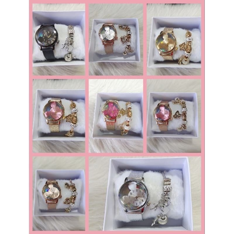 Kit relógio Mickey feminino quartzo resina + pulseira e caixinha