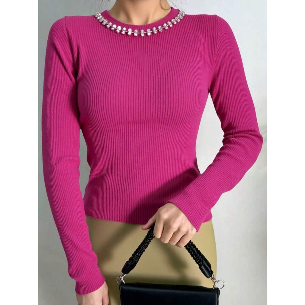 Bamboo Fashion Blusa feminina lisa estilo modal com corrente novidade sueter bolinho manga longa inverno tricot