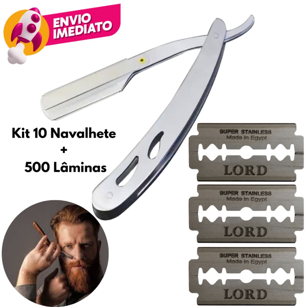 Kit 10 Navalha Aço Inox Navalhete Para Barbear Profissional Barbeiro 14cm Com 300 Ou 500 Laminas