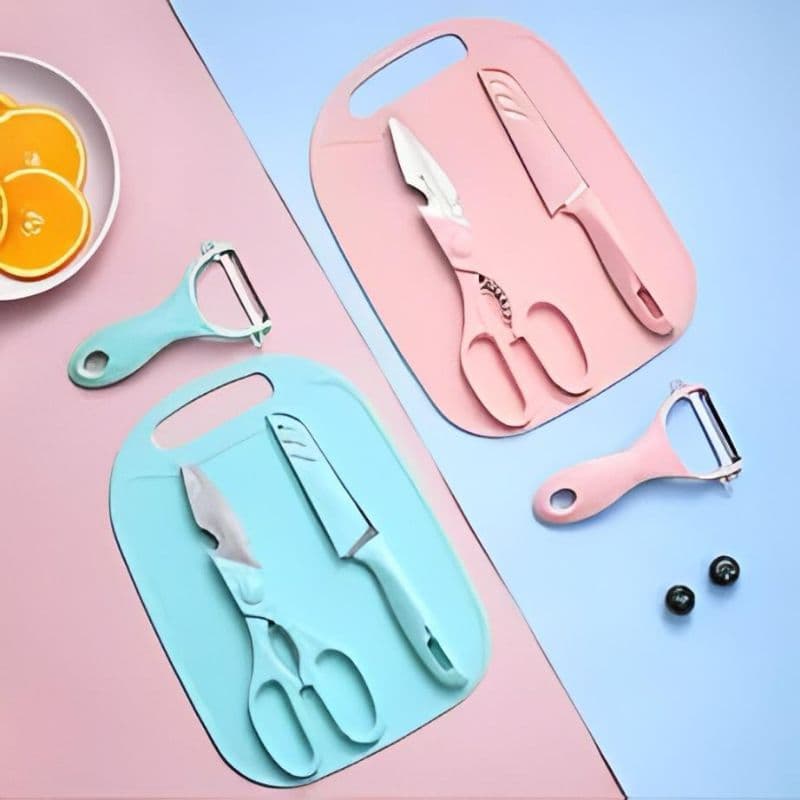 Kit Utensílios de Cozinha – 4 Peças Essenciais: Tesoura, Descascador, Faca e Tábua de Corte