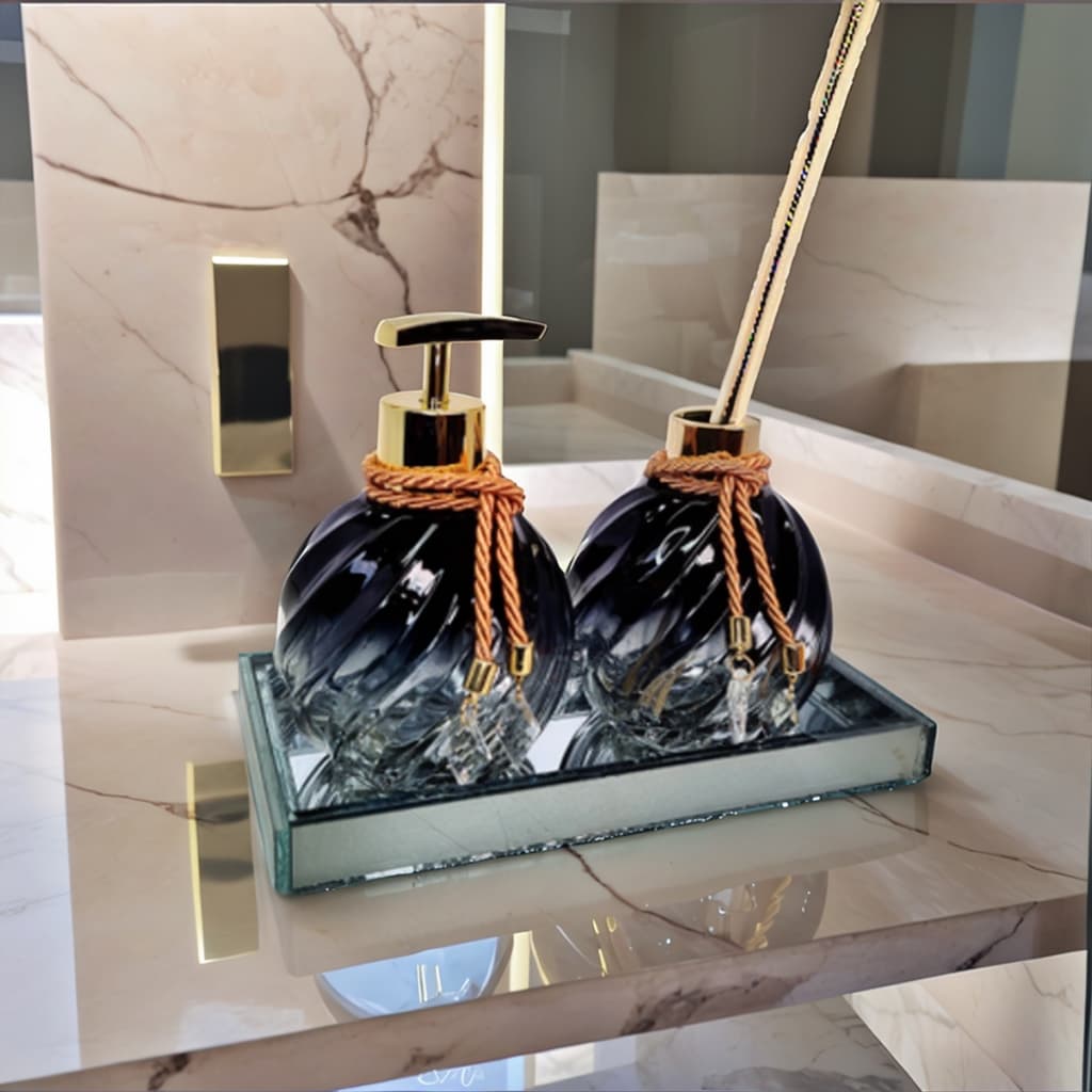 Kit Lavabo Completo Vidro 300ml Com Bandeja Preto Branco Ambar Luxo Exclusivo Chique