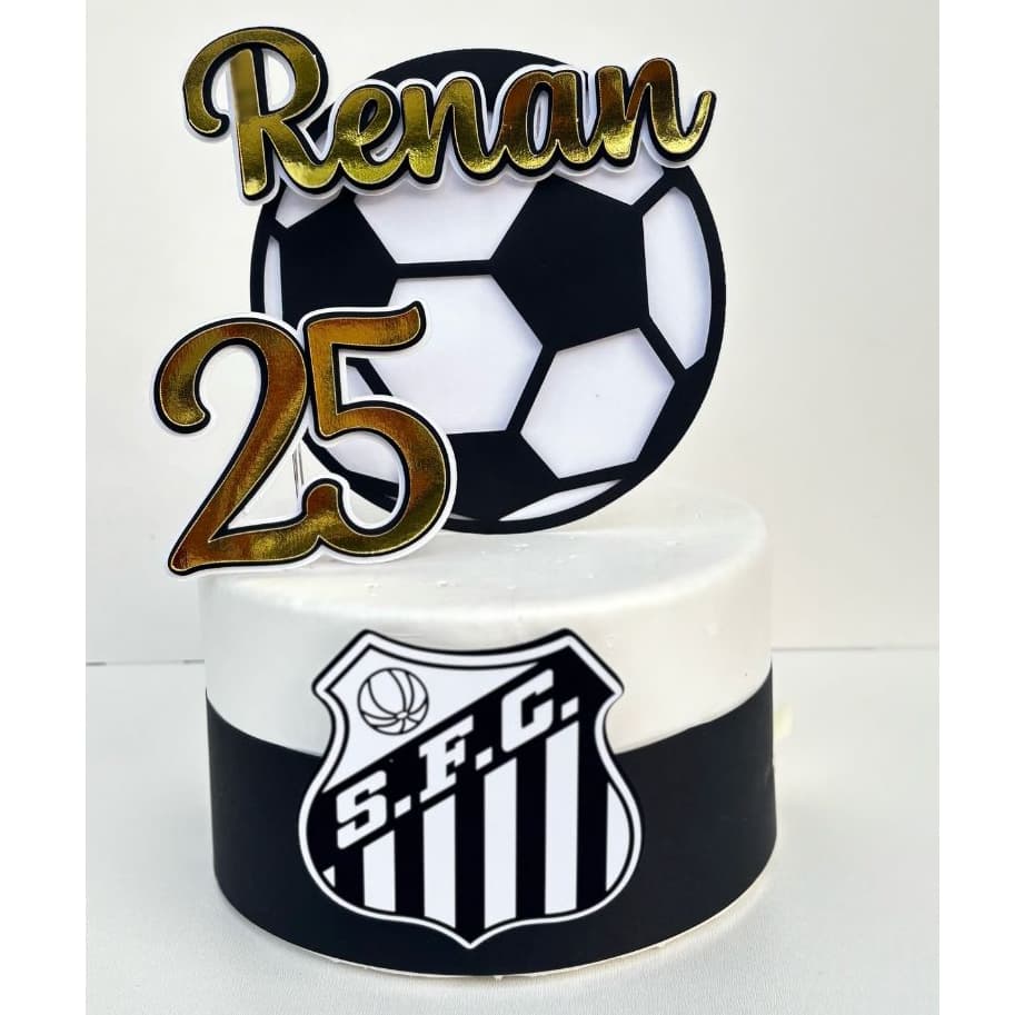 Topo de Bolo Futebol - Santos - Nome e Idade Personalizados - Topper decoração para bolo festa