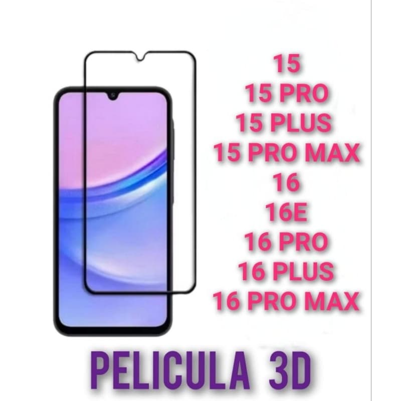 3D Película de Vidro Temperado par iPhone 15,15 pro,15 p,15 pro Max,16,16e,16 pro,16 plus,16 pro max