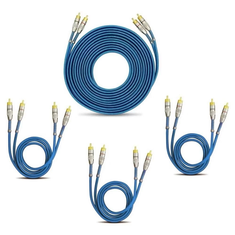 Kit 1 Cabo Rca De 5 Metros Blindado + 3 Cabos De 1 Metro Blindado Tech One Svart Dupla Blindagem Som Automotivo Azul