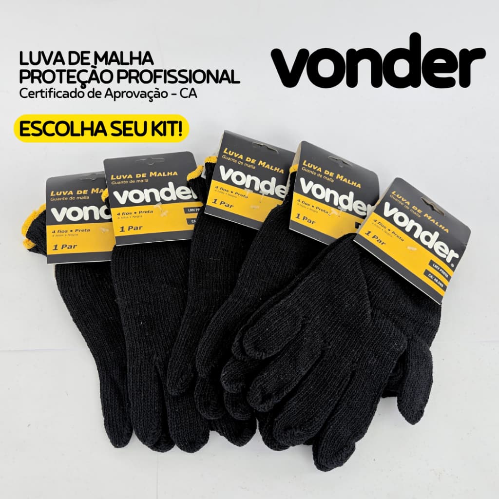5, 3 e 2 Pares Luva Malha Com C.A. Tricotada Algodão Preta EPI Construção Mecânico - Vonder