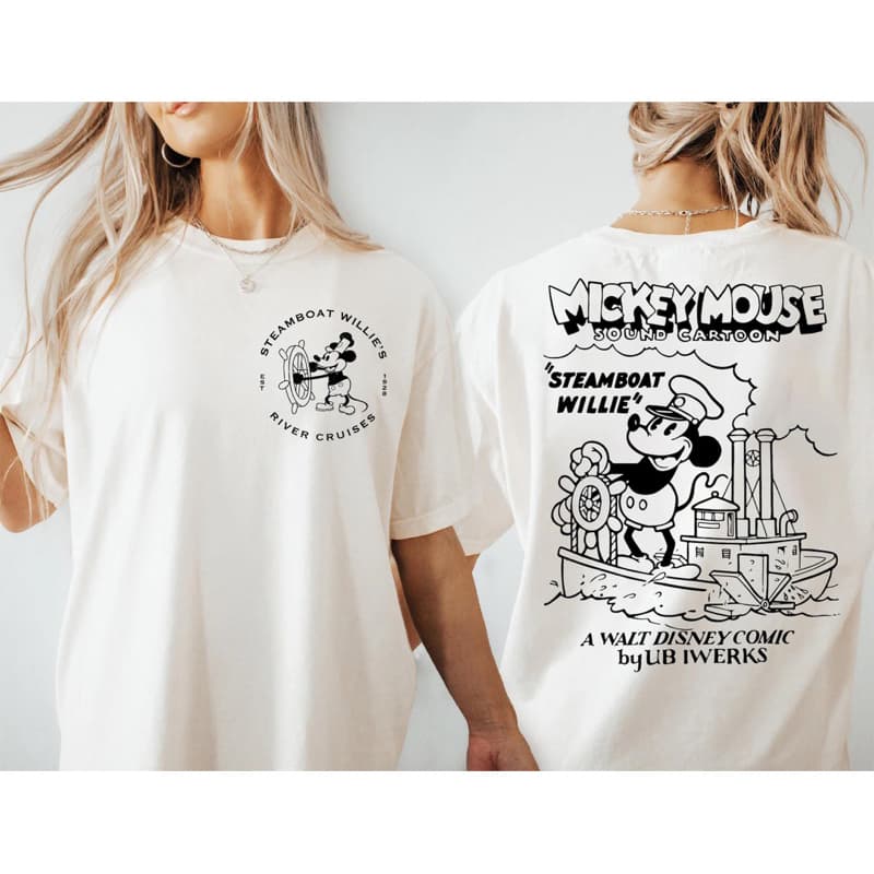 Camiseta over Feminina Mickey Mouse steamboat Willie 100% algodão Disney retro