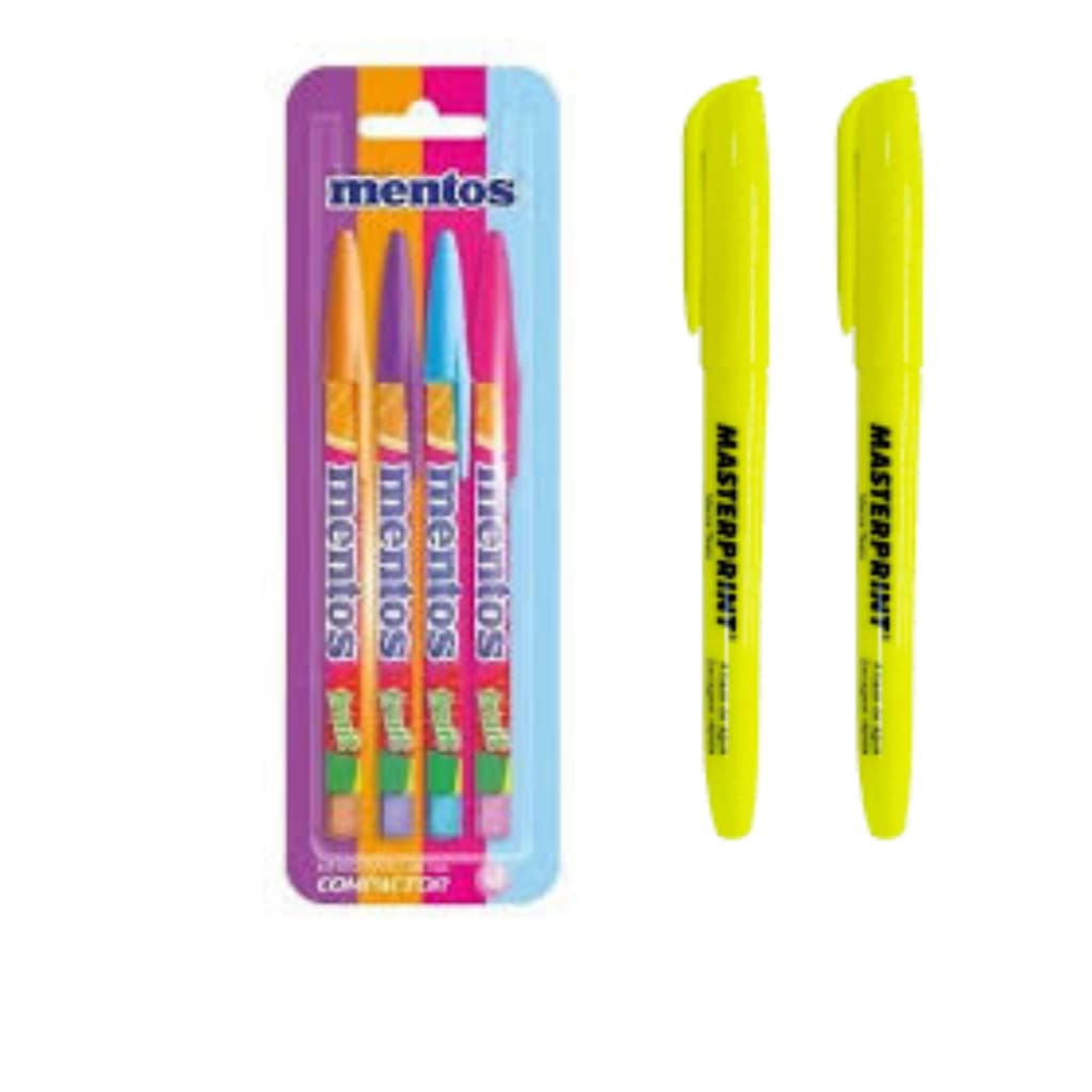 Kit 4 Canetas Esferográficas MENTOS e 2 Marca Textos MASTERPRINT