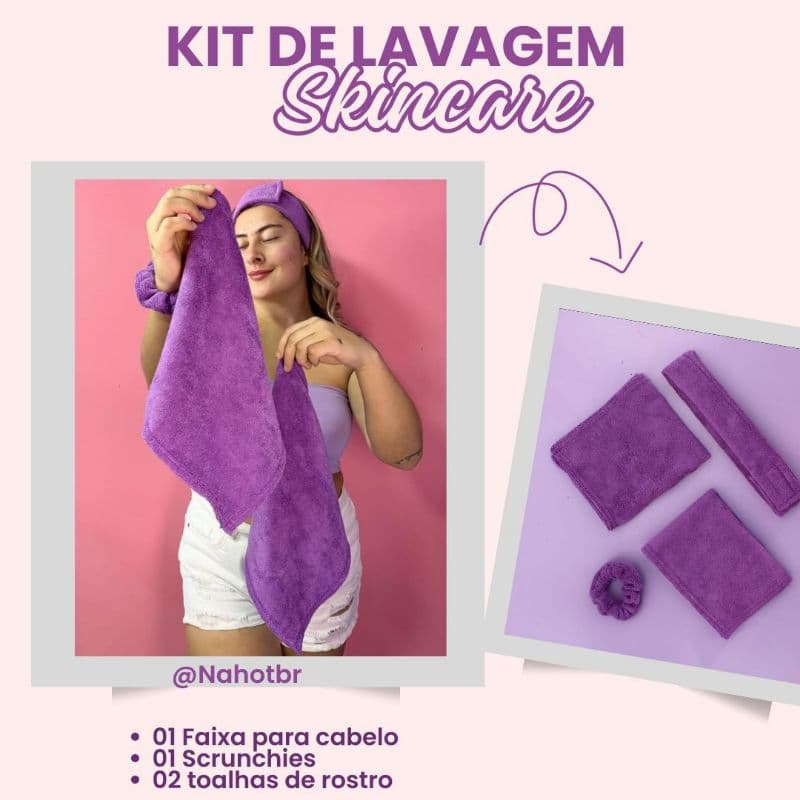 Kit Skin Care Completo com 4 Peças Xuxinhas Tiara e 2 toallas de microfibra – Envio Imediato!