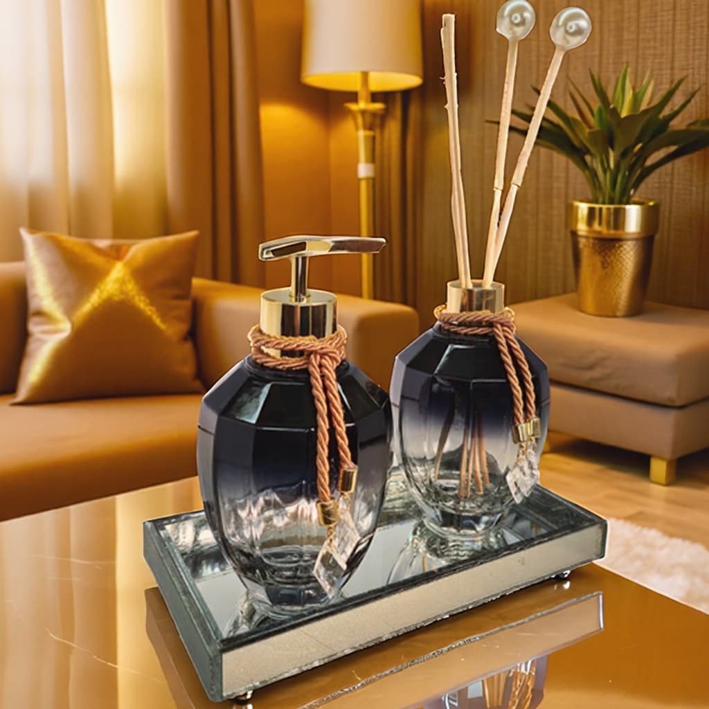 Kit Difusor de Ambiente e Saboneteira Vidro Preto 300ml | Lavabo Luxo Com Bandeja | Casa Cheirosa
