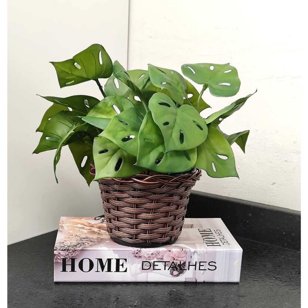 Arranjo Decorativo Para Sala Prateleiras Escritório Plantas Folhagem Realista 3D no Vaso Marrom Completo