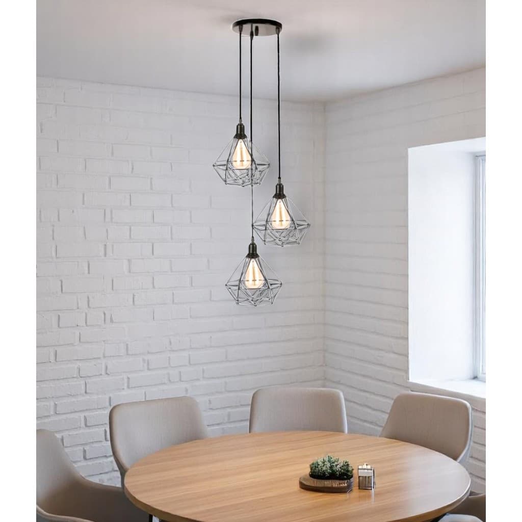 Lustre Luminária de Teto Pendente Aramado Diamante Base Triplo Retrô Industrial Sala Cozinha127/220v