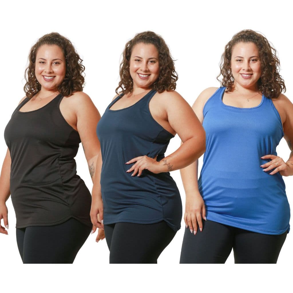 Regata Feminina Academia Kit 3 Peças Blusas Academia Plus Tapa Bumbum Camiseta Roupas Fitness Curve