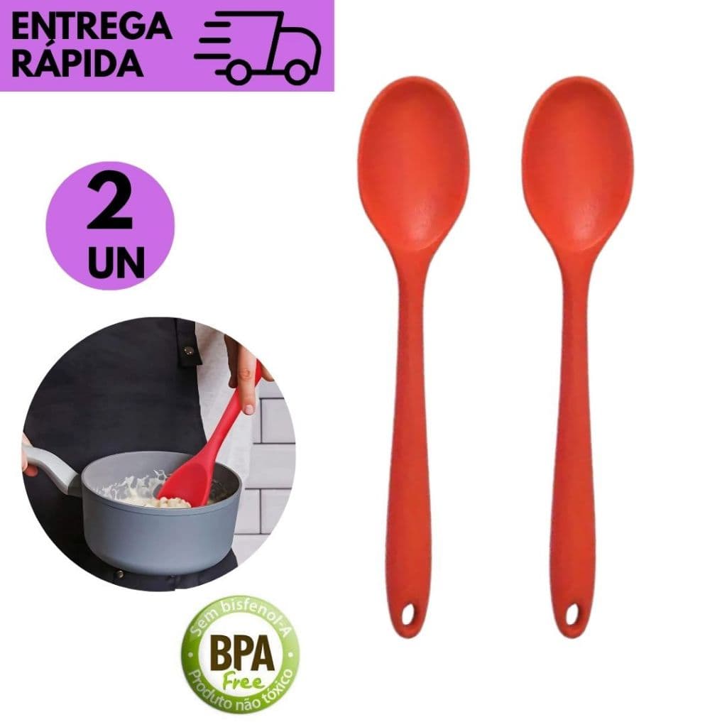 Kits 2 ou 1 Colheres de Silicone Vermelha Resistentes ao Calor Cozinha não Risca Panelas p/Cozinha