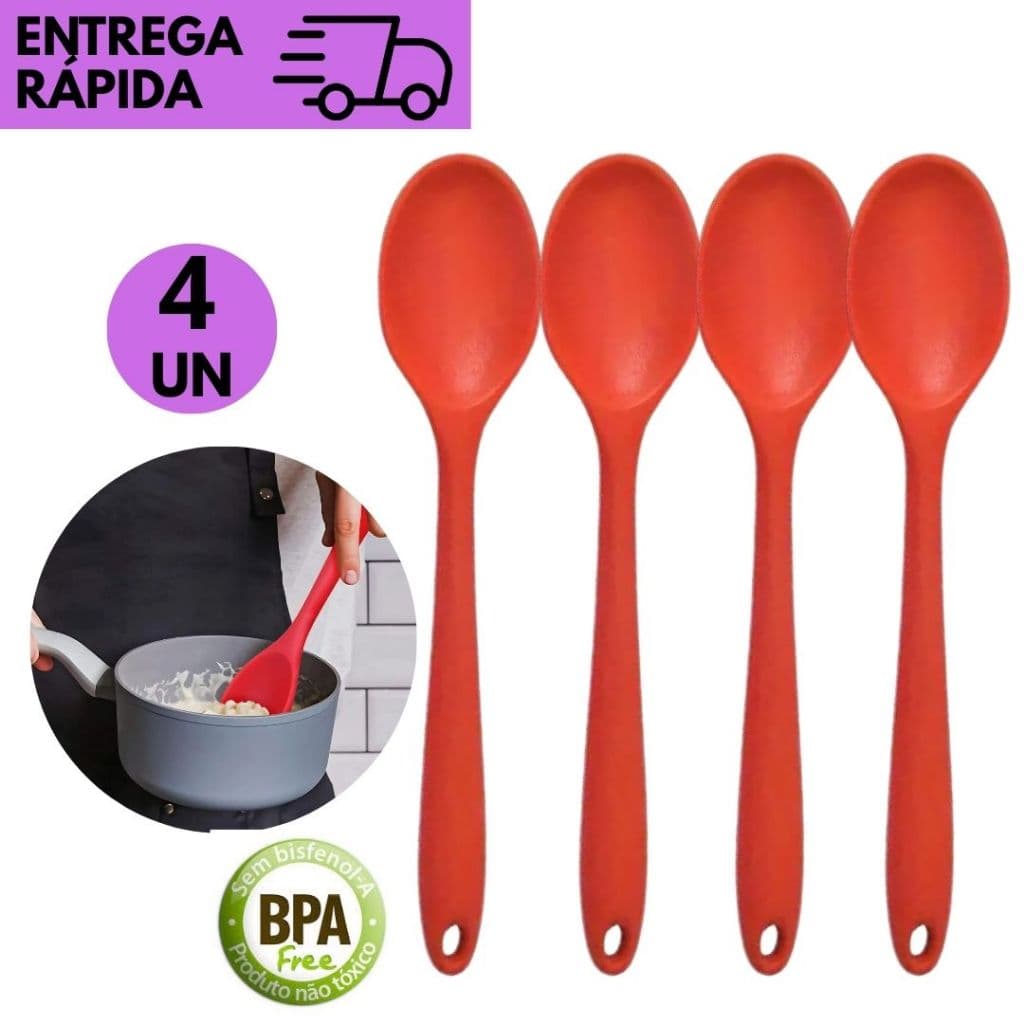 Kits 4  ou 2 Colheres de Silicone Vermelha Utensílios de Cozinha Antirrisco, Resiste Calor, Flexível