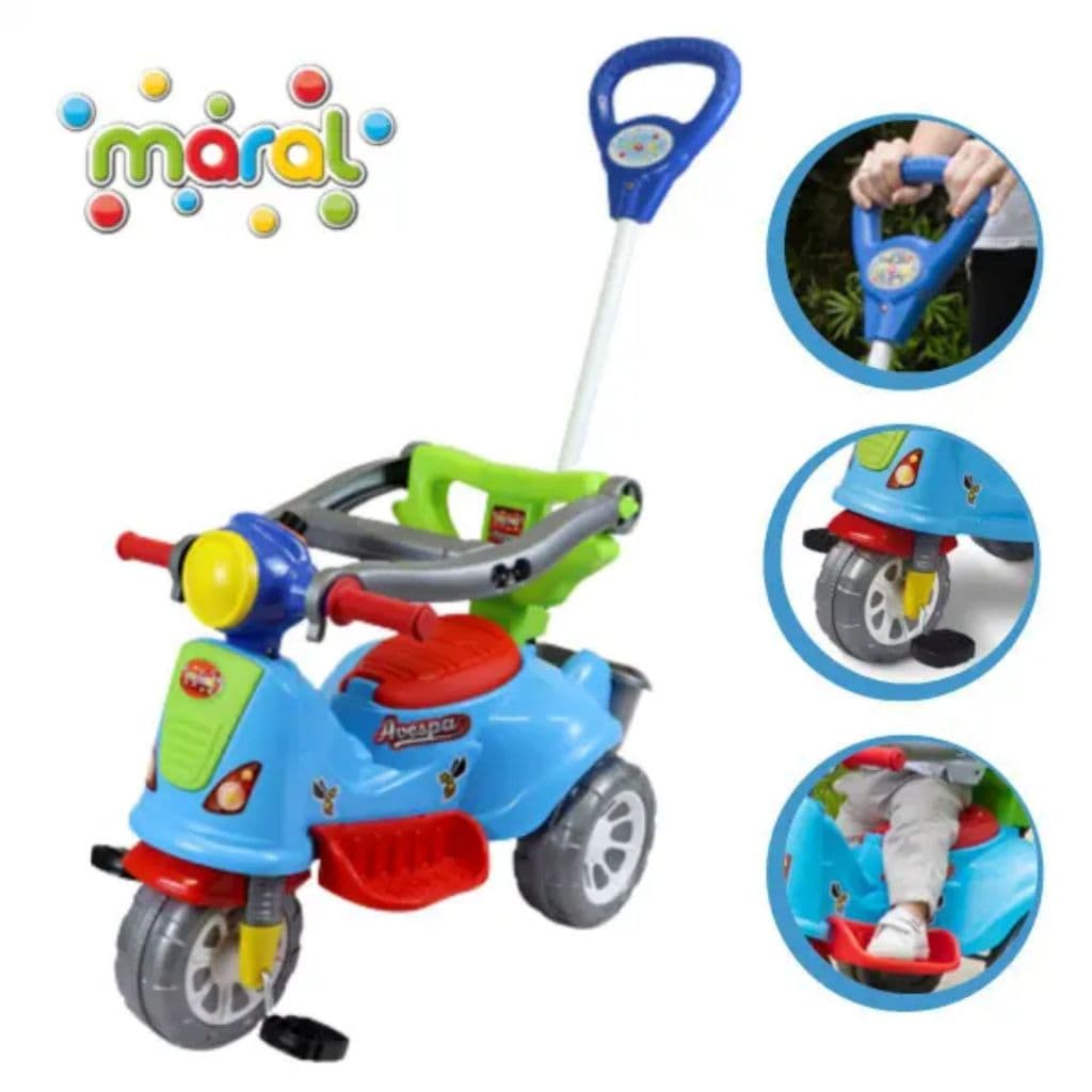 Carrinho de Passeio ou Pedal Infantil Triciclo Avespa com Haste Empurrar Proteção Latera - Colorido