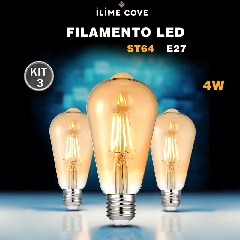 Kit 3 Lâmpadas LED Filamento Decorativa ST64 Retro Vintage 4W Base E27 Bivolt 2200K