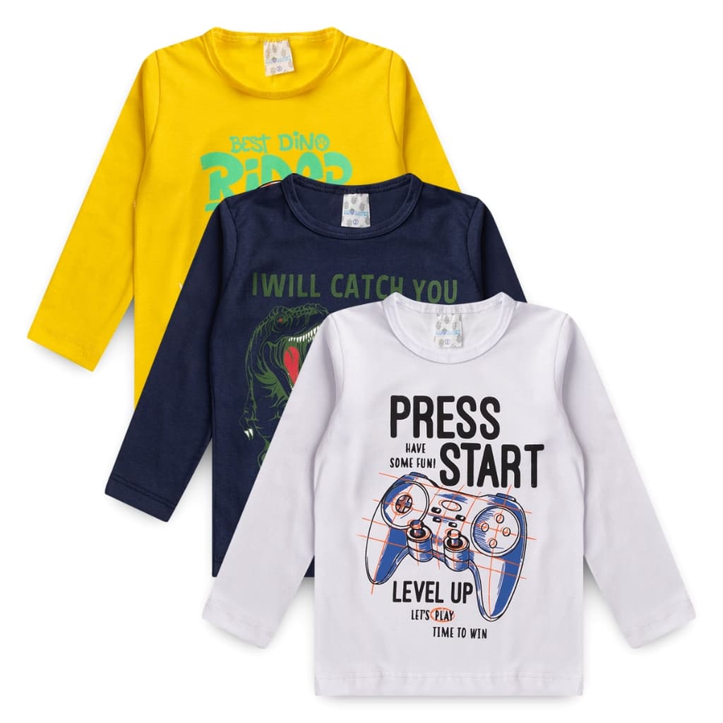 Kit 3 Camisas Manga Longa Infantil Menino Menina Sortidas Com Estampas Ou Apliques Tam 1 2 3 4 6 8