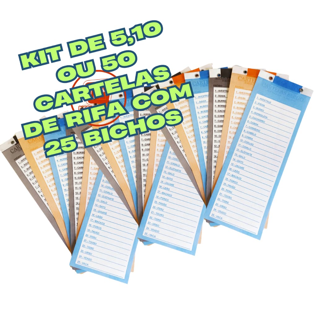 Cartela de Rifa Sorteio 25 Bichos Animais (Kits com 5,10 ou 50 Unidades)