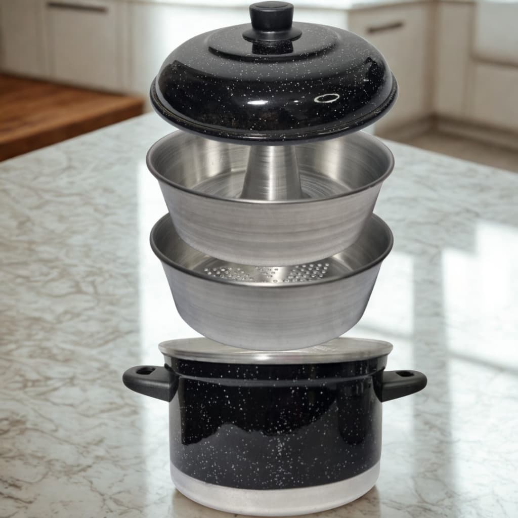 Panela 3x1 Multiuso de Alumínio Cozivapor Pudim Vapor Preto Liso