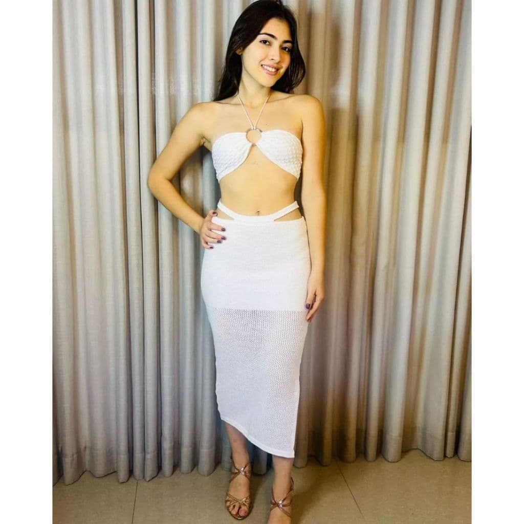 Conjunto Feminino Top Cropped Sereia e Saia Midi Rendada Fenda Tricot Modal