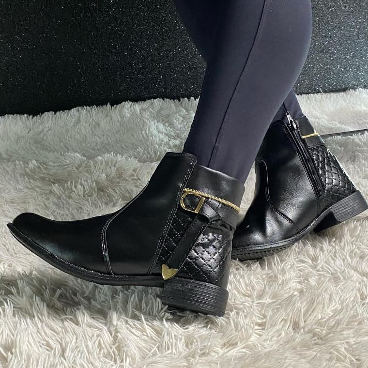 Bota Feminina Casual Botinha Delicada Com Fivela Salto Baixo Zíper Lateral Estilosa Moda Inverno Pro Frio