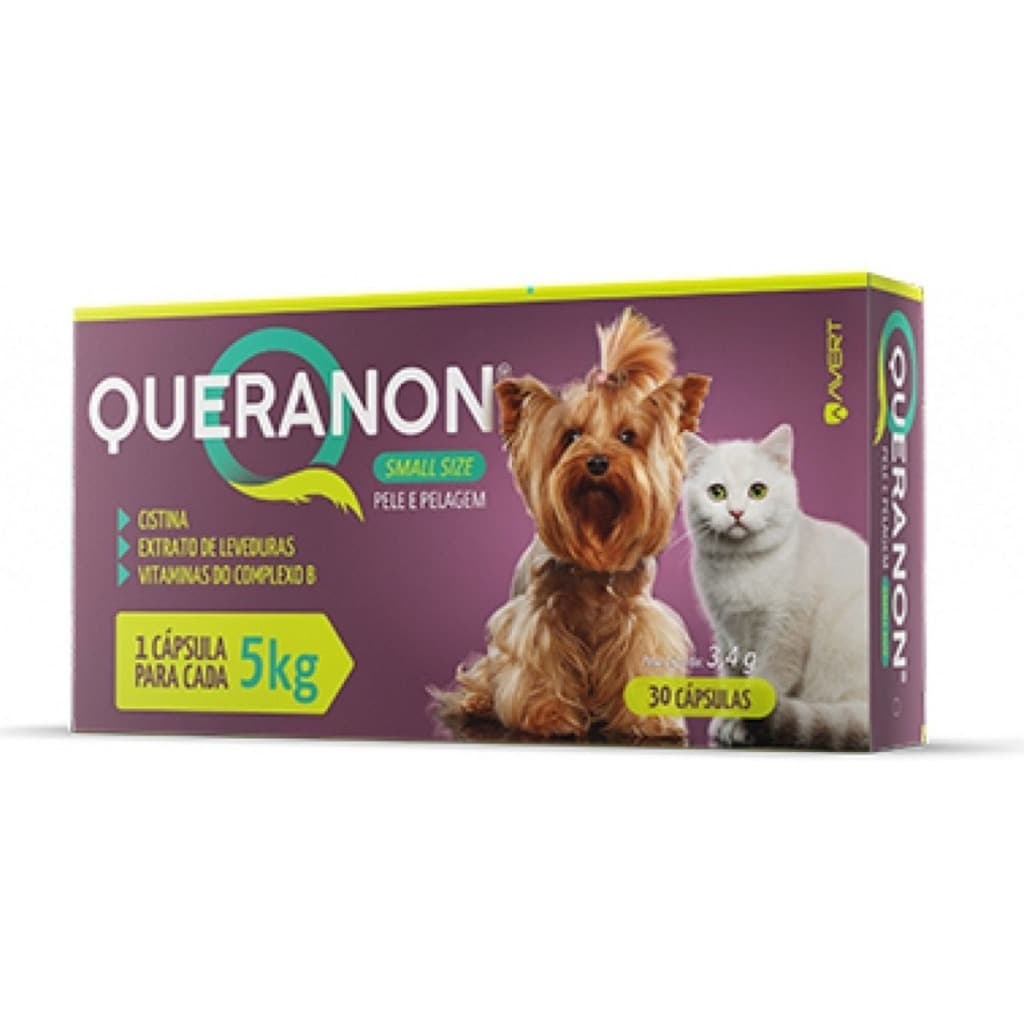 Queranon Small Size 3,4g Avert 30 cápsulas para Cães e Gatos até 5kg – Suporte à pele e pelos
