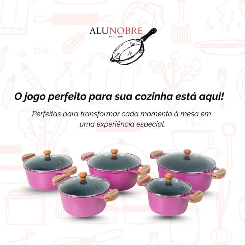 Jogo Caçarola Rosa Cerâmica Aluminio Fundido Tampa Vidro 16-24 5 peças
