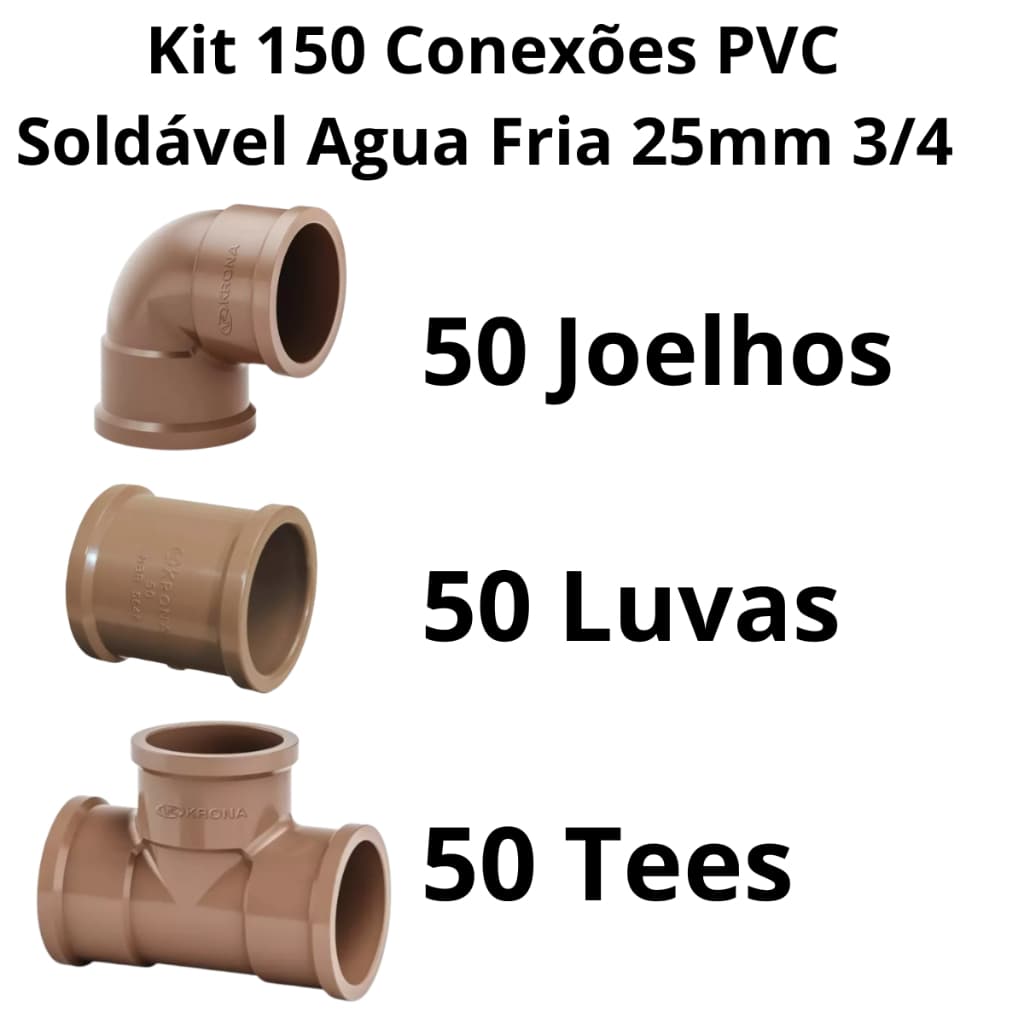 Kit 150 Conexões 25mm=3/4 Pvc Hidráulica Água Fria Alta Qualidade 50 Joelhos 50 Luvas 50 Tees