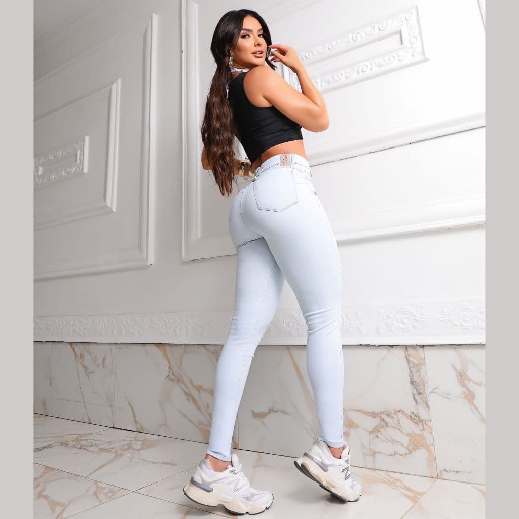 Calça Feminina Modeladora Lavado Claro Cintura Alta Cos Alto Com Lycra Levanta Bumbum