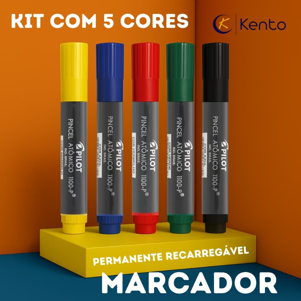 Pincel Atômico Pilot 1100P Kit 5 Cores Marcador Permanente Recarregável Canetão para Cartaz Avisos