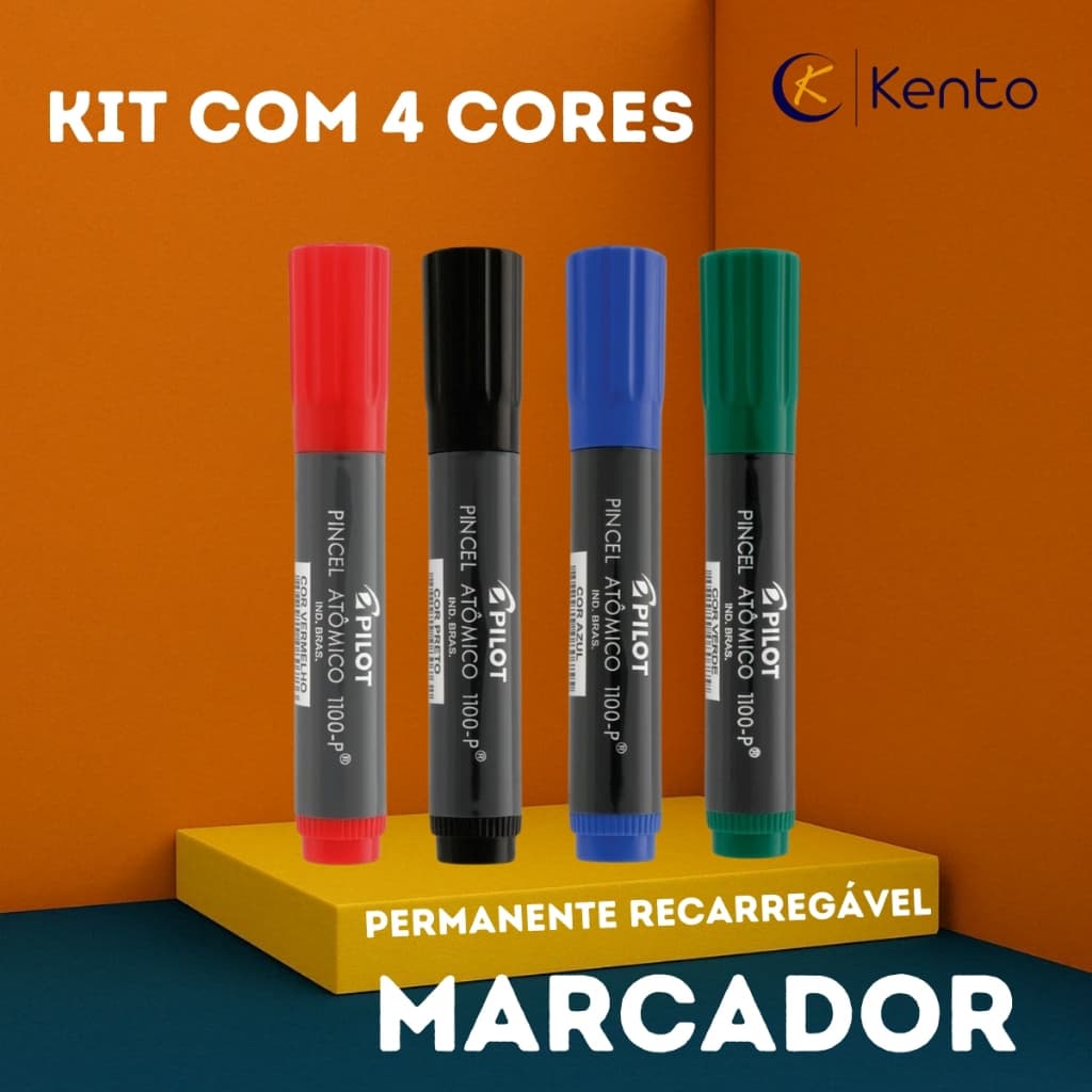 Pincel Atômico Pilot 1100P Kit 4 Cores Marcador Permanente Recarregável Canetão Ideal para Cartaz