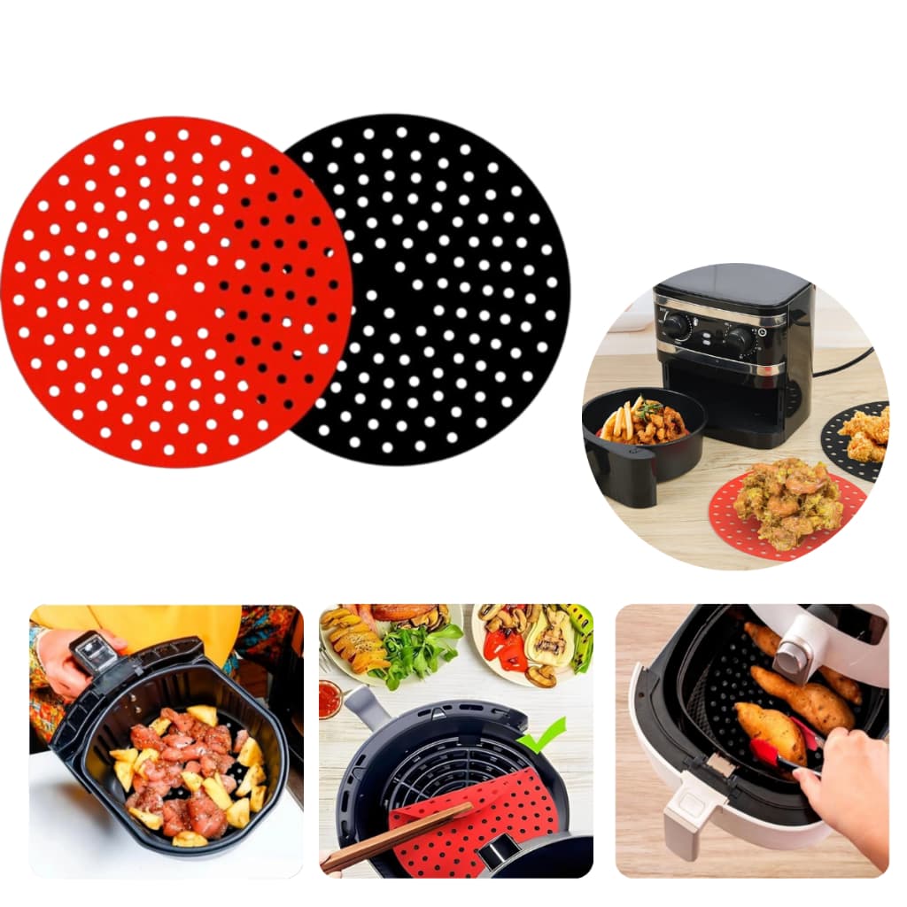 Tapete Protetor em Silicone Para Air Fryer Culinário Redondo Preto e Vermelho 18 CM
