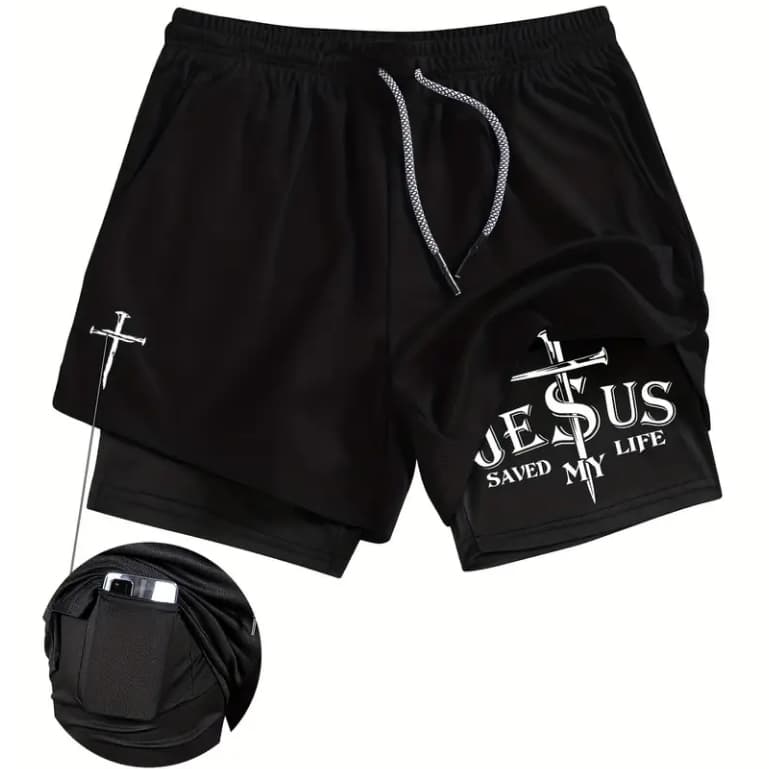 Short Dry-Fit Masculino Compressão 2 em 1 Academia Treino Gym Jesus Saved My Life Cristã