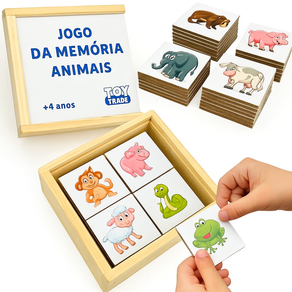 Jogo da Memória Animais 40 Peças em Madeira Brinquedo Educativo Pedagógico Alfabetização Toy Trade
