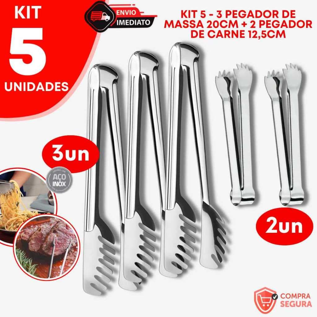 Kit 5 - 3 Pegador Massa + 2 Pegador Carne Fruta Cozinha Churrasco Rodizio Gelo Churrascaria Aço Inox