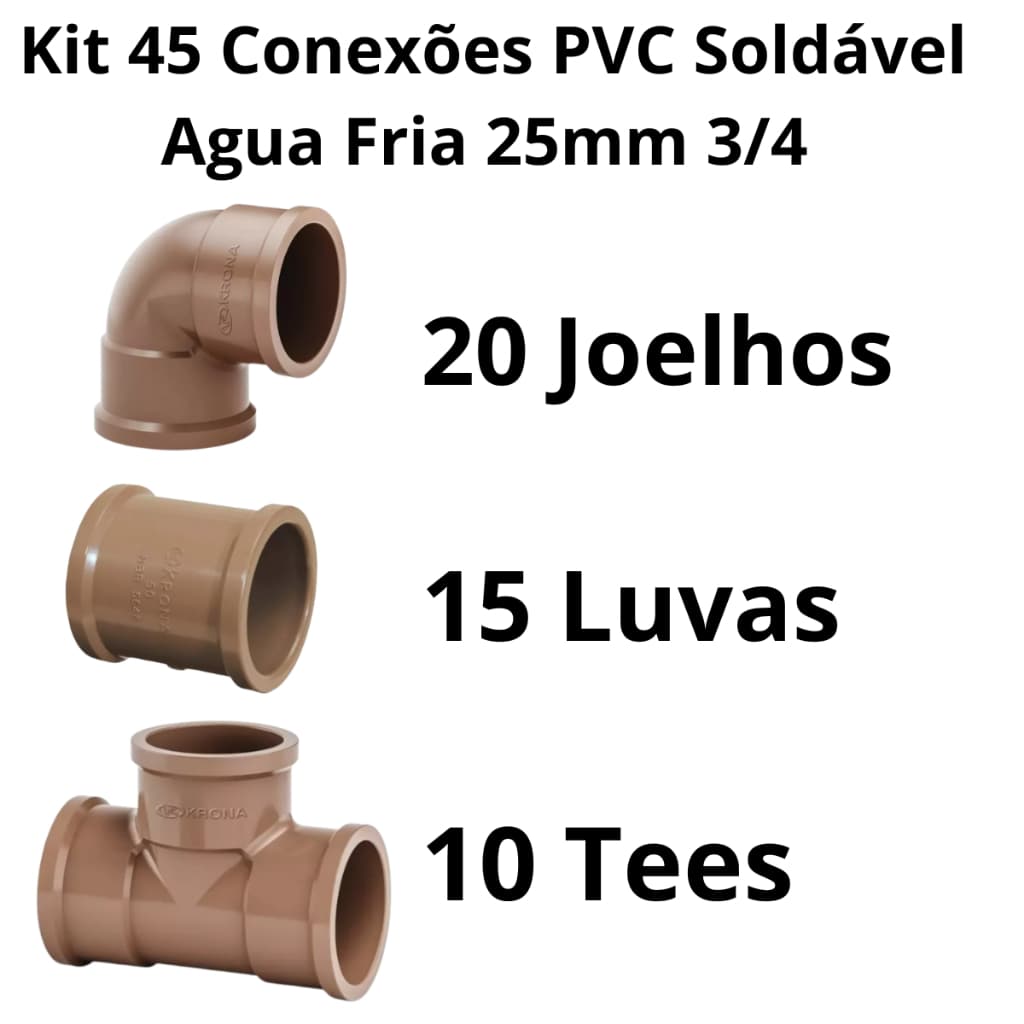 45 Conexões  25mm=3/4 Pvc Hidráulica Água Fria Alta qualidade 20 Joelhos 15 Luvas 10 Tees
