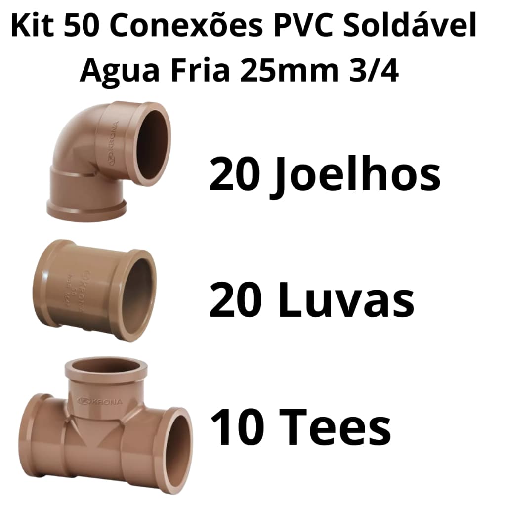 50 Conexões  25mm=3/4 Pvc Hidráulica Água Fria Alta qualidade 20 Joelhos 20 Luvas 10 Tees