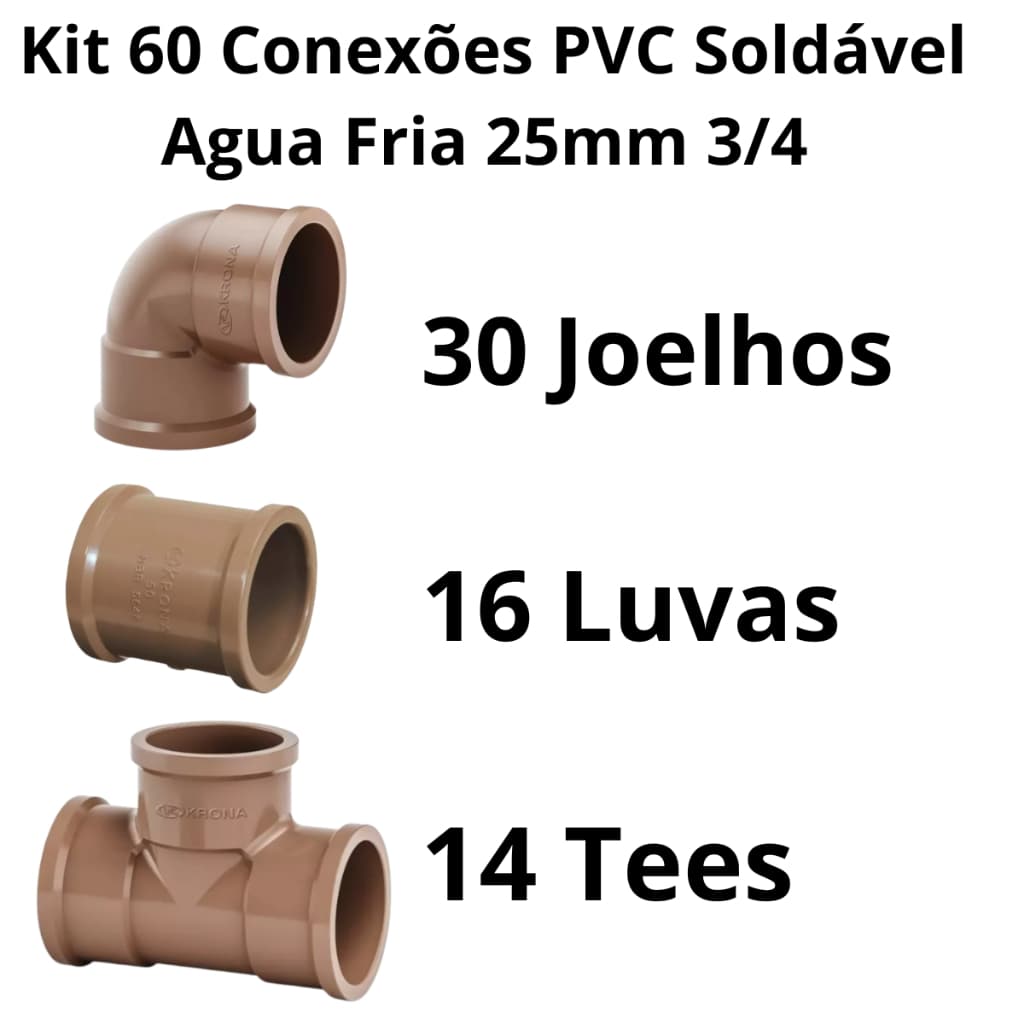 60 Conexões Pvc Soldável 25mm3/4 Hidráulica Água Fria 30 Joelhos 16 Luvas 14 Tees Alta Qualidade