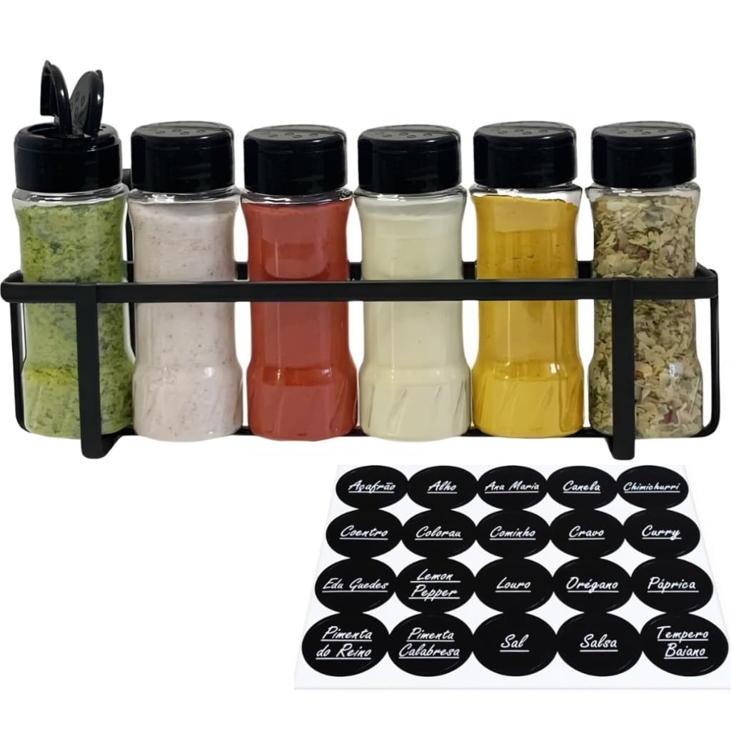 Kit 6 Pote Plástico 130ml P/ Tempero Condimentos Especiarias com Suporte Ferro de Parede