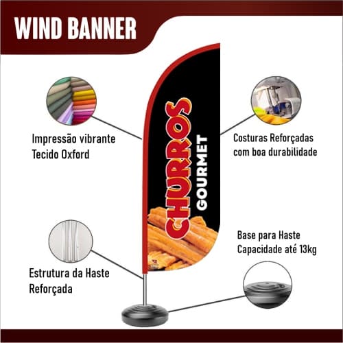 Kit Wind Banner Modelo Churros Gourmet | Somente Bandeira ou Kit Completo com haste e base