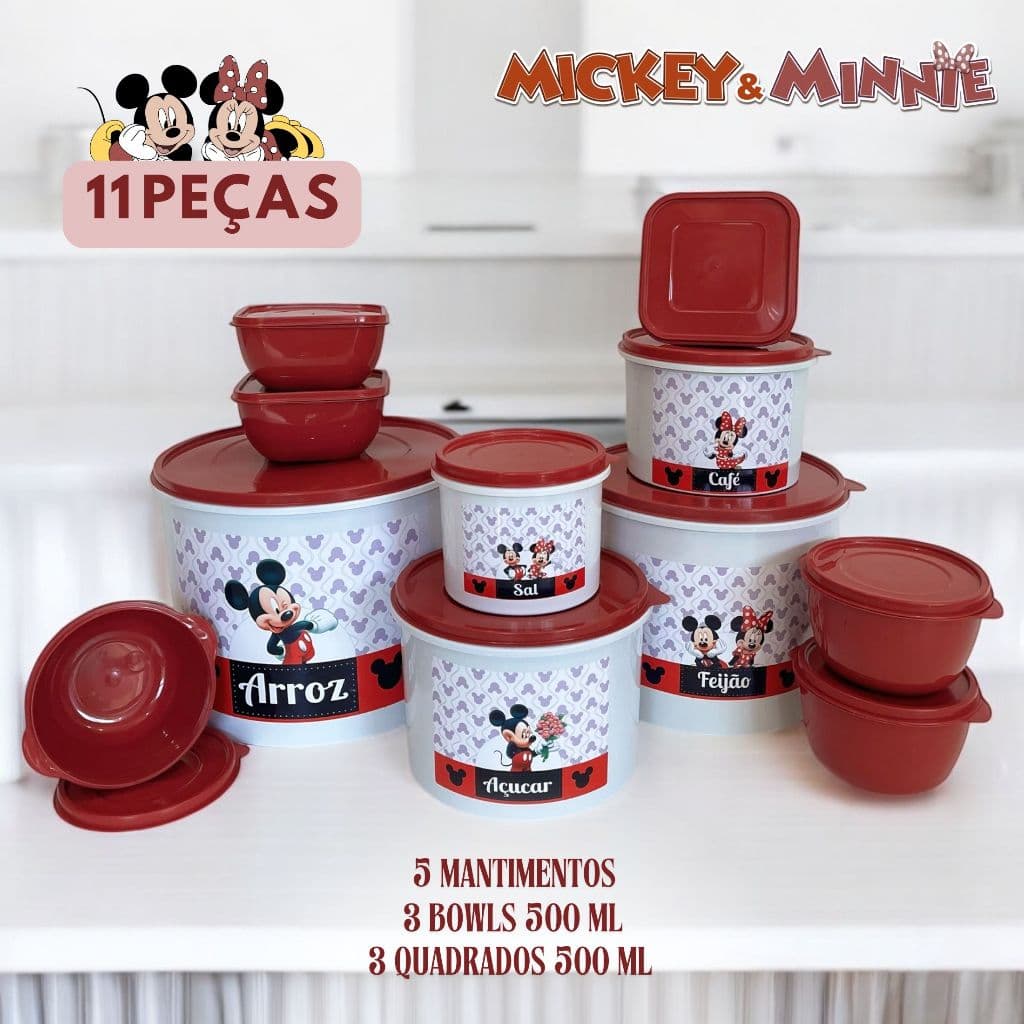 Kit 11 Potes 5 Mantimentos Minnie e Mickey + 3 Bowls 500 ml + 3 Potes Quadrados 500 ml Organização
