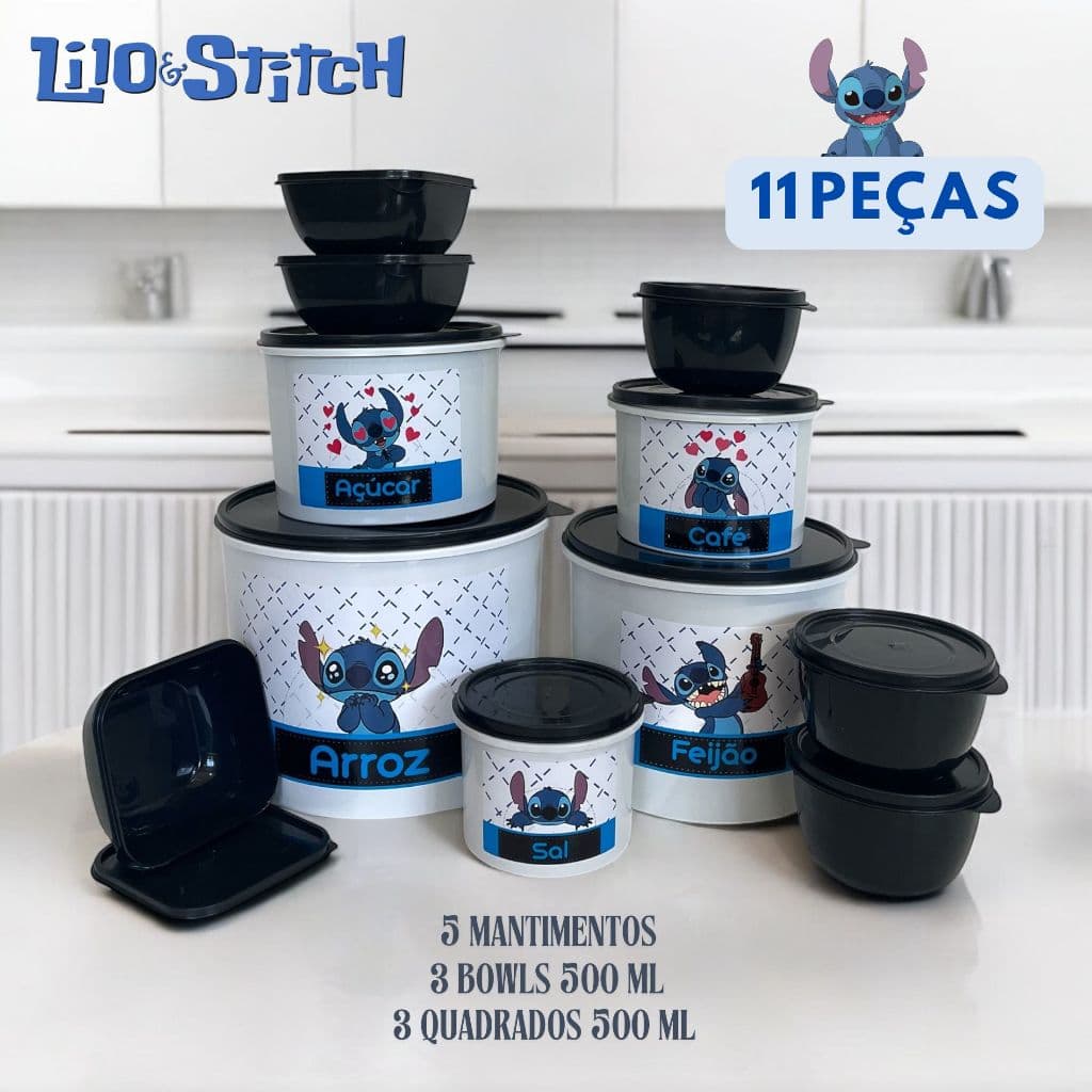 Kit 11 Potes 5 Mantimentos Lilo Stitch + 3 Bowls 500 ml + 3 Potes Quadrados 500 ml Organização