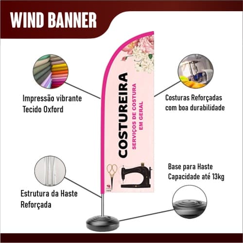 Wind Banner modelo Costureira | Somente Bandeira ou Kit com Estrutura Completa