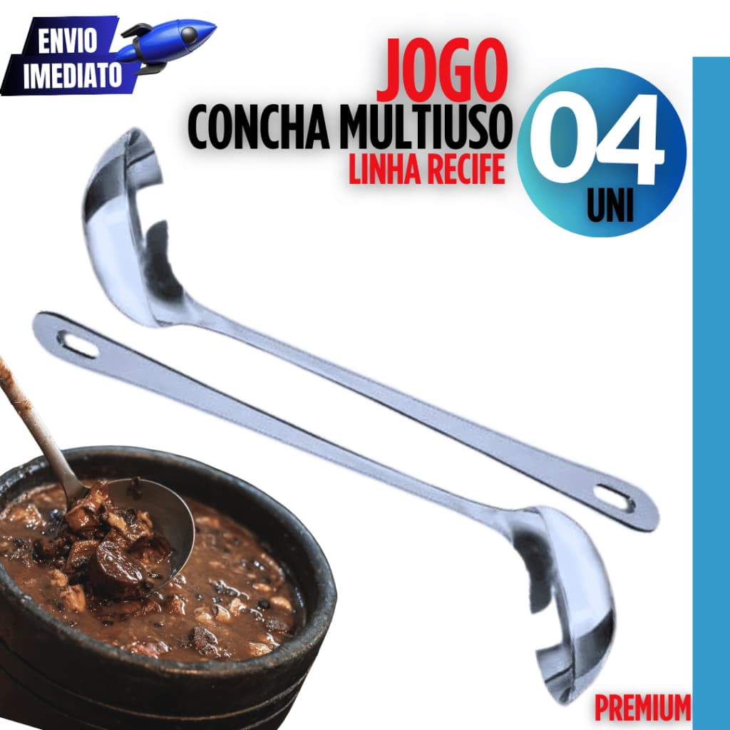 Kit Conjunto Kit  04 Unidades Concha Inox com Cabo Grosso Premium 23cm para Feijão Molhos Caldos Variáveis Utilidades
