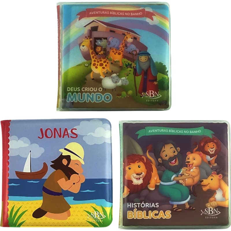Coleção De Livros BÍBLICO DE BANHO - 3 Und. Tamanho 15x15cm